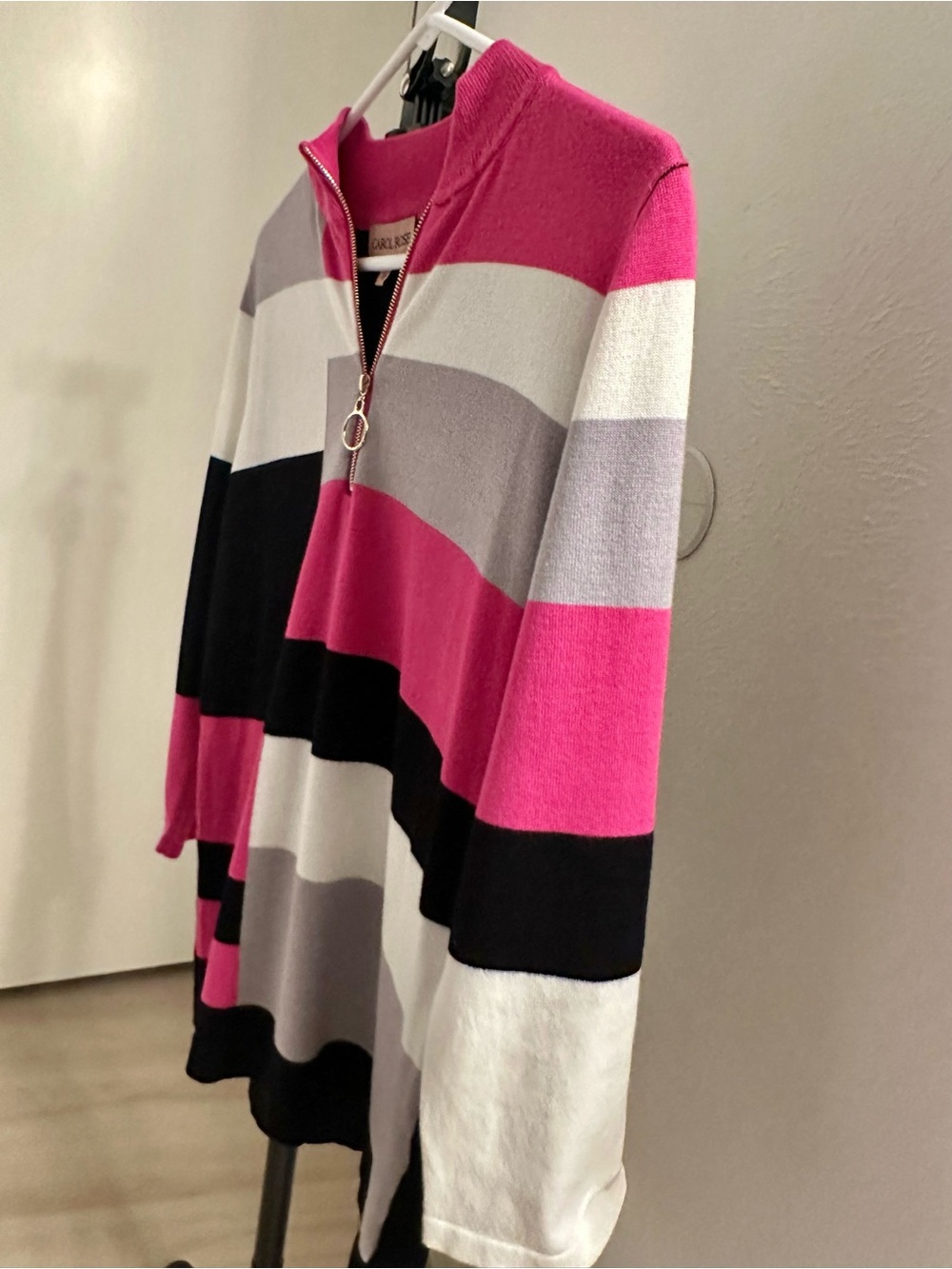 Carol Rose Pink, Black & White Striped Half-Zip Sweater